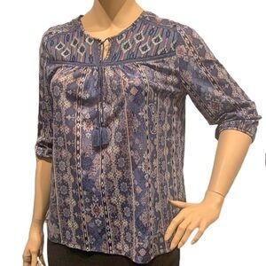 Style & Co. Boho Peasant Top Size XL Embroidery Crocheted Yoke Blue Cream Pink